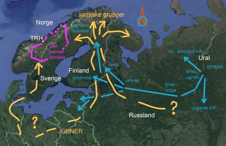 Skjematisk oversikt for innvandrarruter for samefolka, også sørsamane. Her er det genspora og språklinjene som går ihop og lagar ei ny, historisk rute for denne etniske gruppa.Når ein held dette saman med arkeologiske funn og skrivne kilder, vil ein etter det nyare forskning meiner, kunna slå fast at sørsamane har ei svært gamal historie, også her på Helgeland.