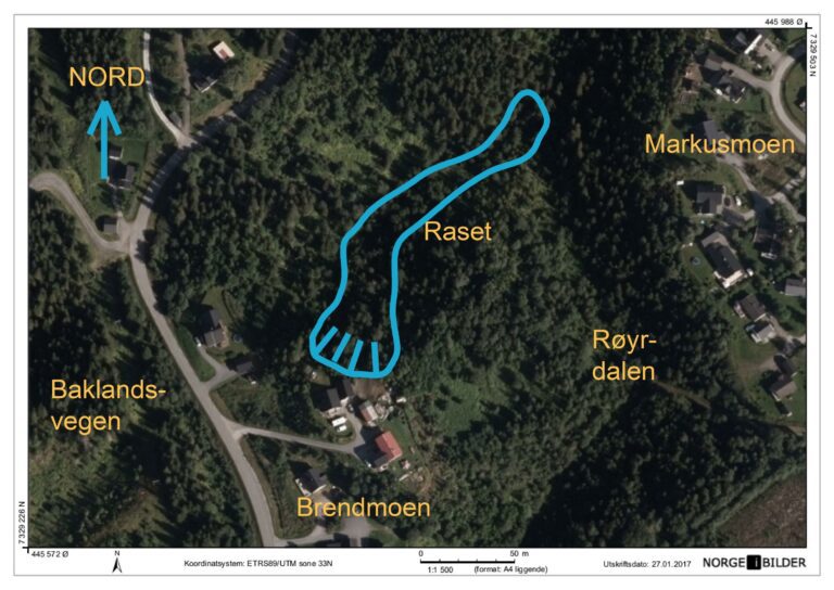 Her er raset skissert fra boligene og nordover i bekkedalene.