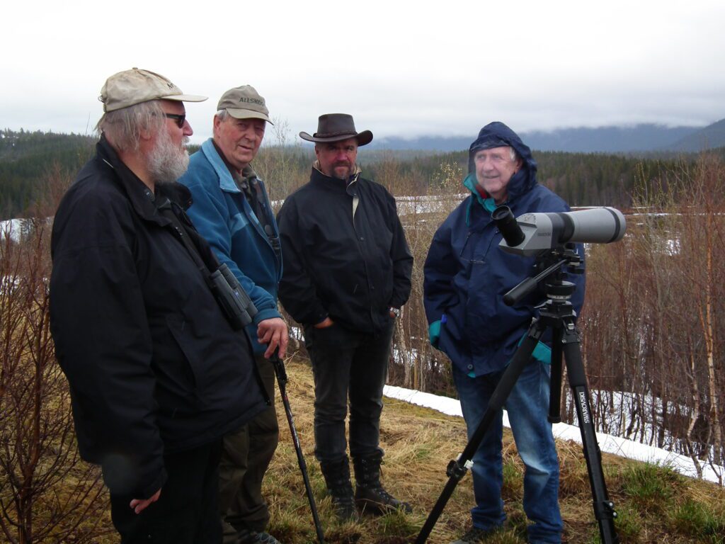 Norsk Ornitologisk Forening Rana og Norsk Zoologisk Forening Rana samt MDG Hemnes kartlegger fugleaktiviteten ved og i Stormyrbassenget. Fra venstre Per Ole Syvertsen, Einar Furuheim, Arvid Følling og Egil Korsmo.