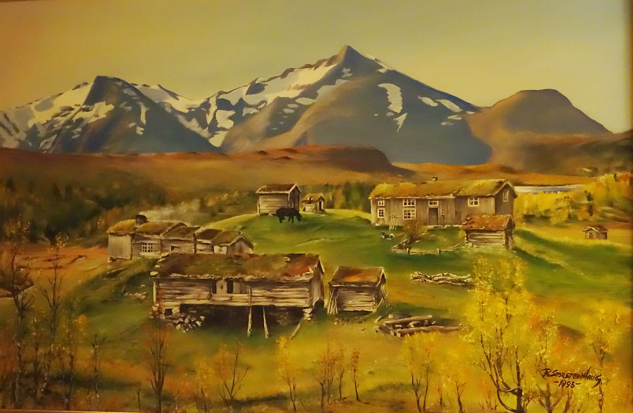Et meget beskrivende bilde, maleri etter foto tatt i 1938 av siste bruker Olav Svartvatn. Verd å merke seg at mye vi ser her er fra tidlig 1800-tall og hitover.Fra venstre: Eldhuset med påbygg i sør som er matstua, i nord redskapshus og to vedskøt.Hiterst tømrafjøset som kviler på et solid steinfundament, stallen ved sida av. På høyden bak ligger stua , som er påbygd i begge ender, buret og badstua (røykhuset) i sør (venstre) , kjellerhuset like ved, der er også en inngjerda hageflekk. Bak skimtes ei lae på jordet nedafor. På rabben bak det lå husmannsplassen Skulæ. En kan skimte vestre del av Svartvatnet i bakgrunnen, og i horisonten kneiser Luktvasstinden og Dårtindan.