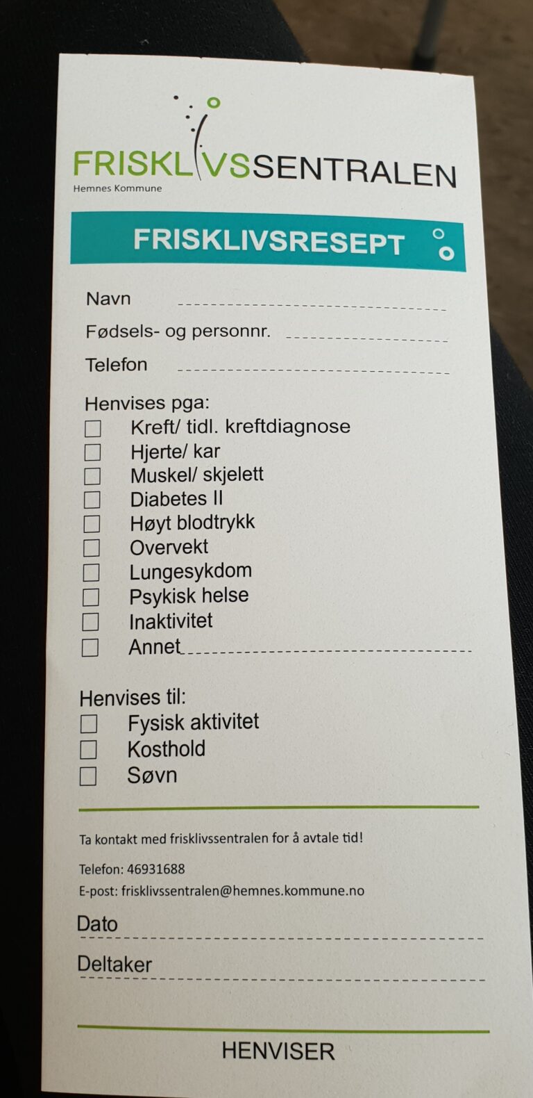 Denne kan brukes hvis man henvises av feks lege eller arbeidsgiver til Frisklivssentralen