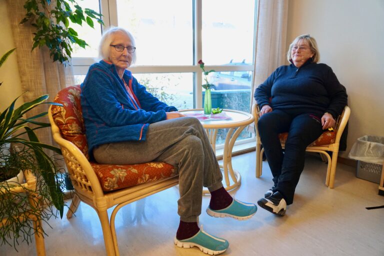 Turid Thesen og Gunnbjørg M. Hansen forteller gjerne om bruktbutikken på Hemnesberget. Om klosterbarna og hjelpearbeidet til Romania.|Signe Breimo (th) gjør en god handel med Ingunn Jakobsen og Inger Sørensen (tv) som hadde ansvaret for butikken denne dagen.|Frem til nyttår vil hoveddøren være åpen hver lørdag