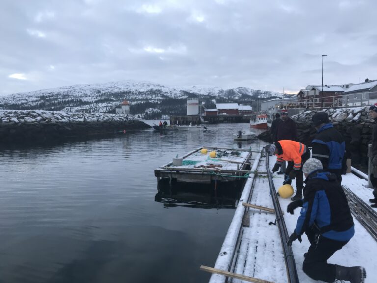 Mange deltok da man skulle skjøte og få på plass tilførselsrøret ut til hovedrøret.|Odd Tore Jakobsen var en av de som fulgte og jobbet med bobleanlegget i hele fasen.||Her er det skjøting av rør.