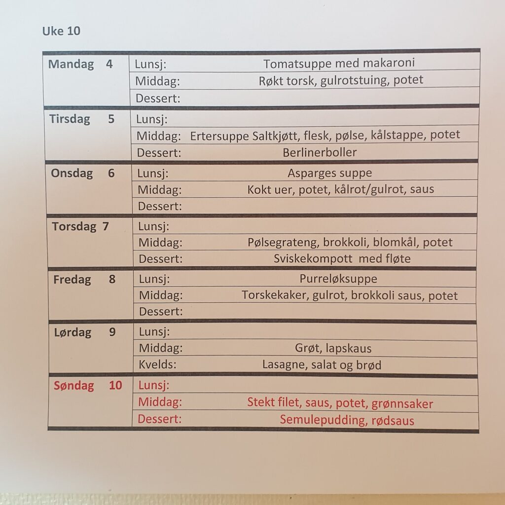 Fast fiskemiddag mandag, onsdag, fredag, desserter, supper, og denne ukes feittirsdag!