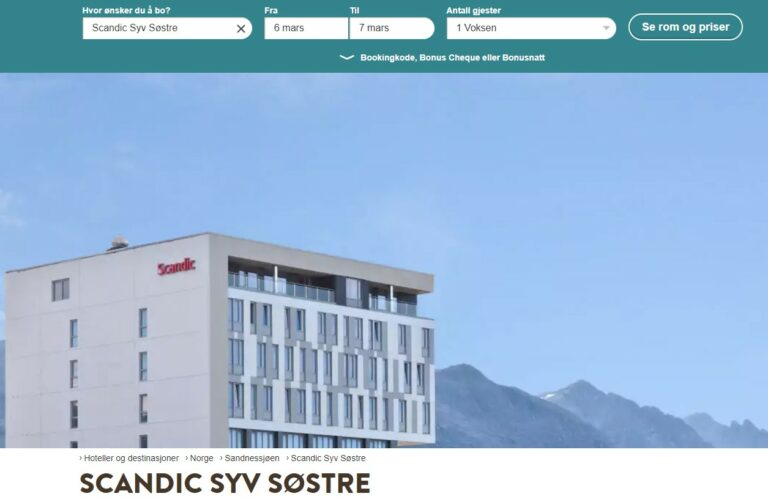 Scandics nettsider har fortsatt Hotell Syv Søstre i sin portefølje, det er dog vanskelig å finne ledig rom.